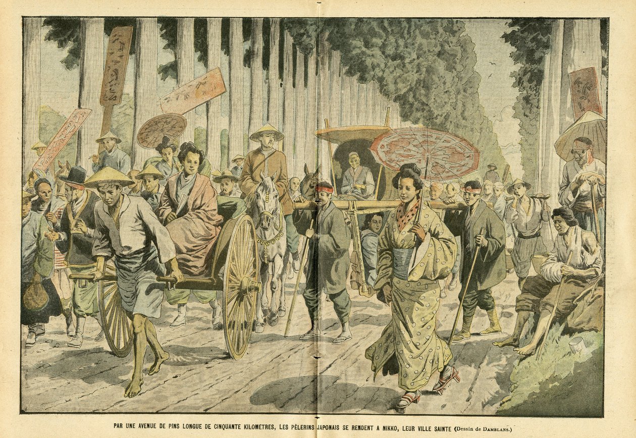 Eugene Damblans (1865-1945)在Le Pelerin的插图, 09/04/05 - 通过一条50公里长的松树大道，日本人的松树前往他们的圣城日光 - 宗教信仰, 日本, 时尚, 树木, 日光 - Pelerinages 作者 尤金·丹布拉斯