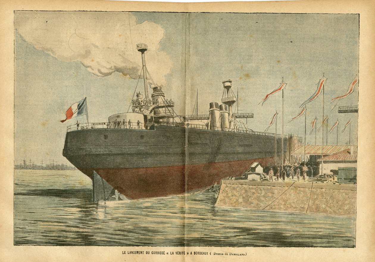 Eugene Damblans (1865-1945)在Le Pelerin的插图，07年6月9日 - "La Verite "胸牌在波尔多下水 - Maritime Marine Nautique Balneaire, Port, Bordeaux, Inauguration, Cuirasse 作者 尤金·丹布拉斯