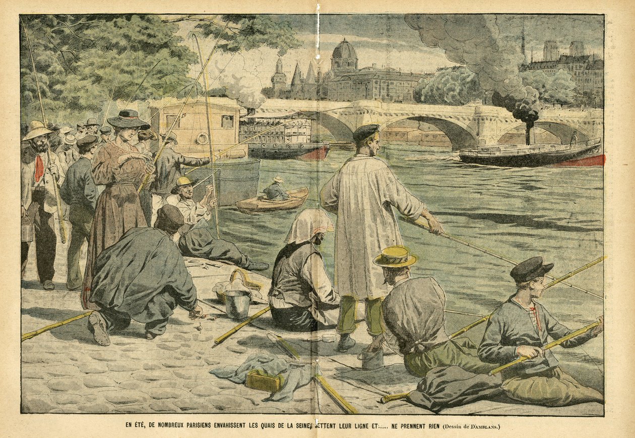 Eugene Damblans (1865-1945)在Le Pelerin的插图，23/06/05 - 在夏天，许多巴黎人侵入塞纳河岸边，抛出他们的鱼线，......一无所获 - Loisirs, Paris, Fishing Pecher Pecheur, Pont, Seine (river), Ete, Peniche, Canne a fish 作者 尤金·丹布拉斯
