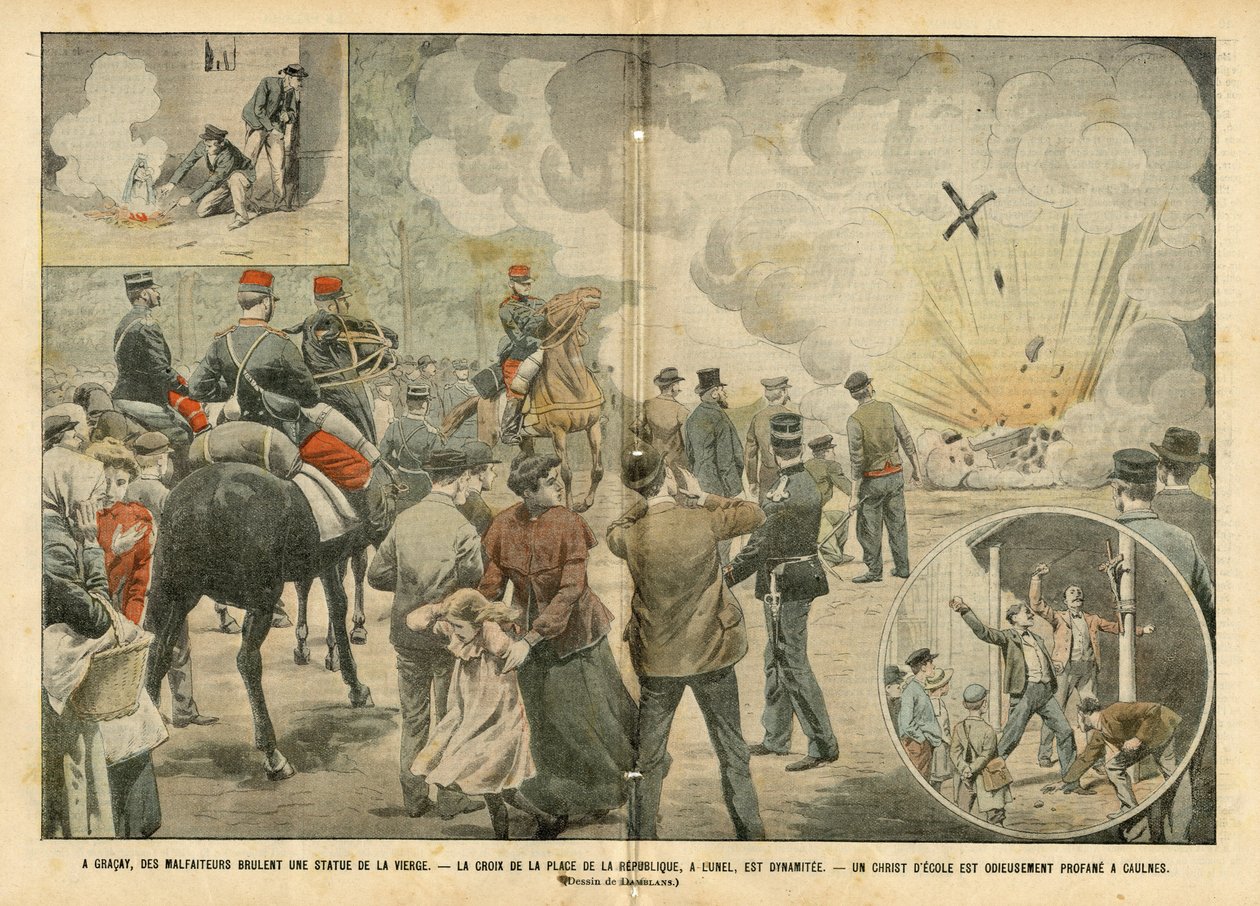 2004年9月25日，《Le Pelerin》中关于尤金-丹布兰（Eugene Damblans，1865-1945）的插图 - 在格拉凯，犯罪分子烧毁了一尊处女像 - 共和国广场的地壳被炸毁 - 在考恩，学校的基督是可憎的亵渎 - 反教会主义，宗教信仰 作者 尤金·丹布拉斯