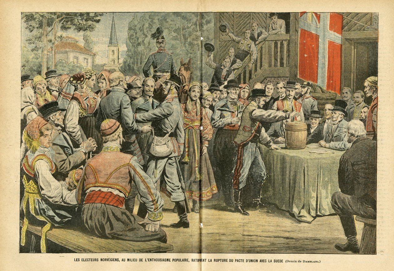 Eugene Damblans (1865-1945)在Le Pelerin的插图，27/08/05 - 挪威选举在民众的热情中批准打破与瑞典的联盟协议 - 选举，城市建筑，人群，瑞典，挪威 - 瓮城 作者 尤金·丹布拉斯
