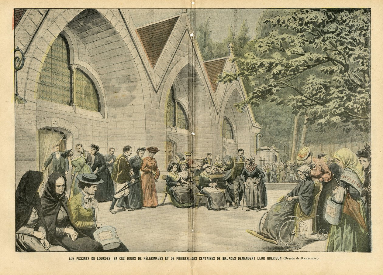 Illustration of Eugene Damblans (1865-1945) in Le Pelerin, 28/08/04 - At the pools of Lourdes, in these days of pelerinages and prayers, hundreds of patients are asking for their war - Medical, Religion Faith, Architecture Urban Planning, Catholic Catholic 作者 尤金·丹布拉斯