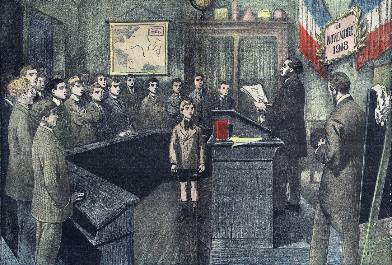 1923年11月：在法国的每个市镇，学校的校长在停战前一天宣读了荣誉场上的居民墓的名字，每个学生都回答 "为法国而死"。1923年丹布兰斯的绘图。 作者 尤金·丹布拉斯