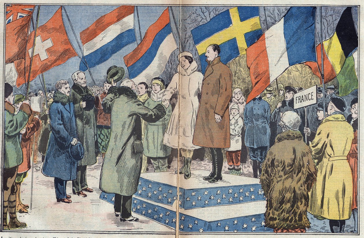 Olympic Winter Games (1932) - closing ceremony: the French skaters M. and Mrs. Brunet Joly (Brunet-Joly), Olympic champions, are congratulated by the jury. Lake Placid, USA. Illustration of Damblans. In “” Le Pelerin”” of March 18 作者 尤金·丹布拉斯