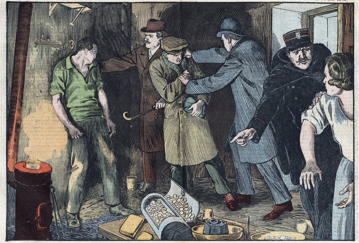 Police surprise in Paris skiers who sank in their crucible for several million gold and silver coins. Illustration of Damblans. In “” Le Pelerin”” of February 28 作者 尤金·丹布拉斯