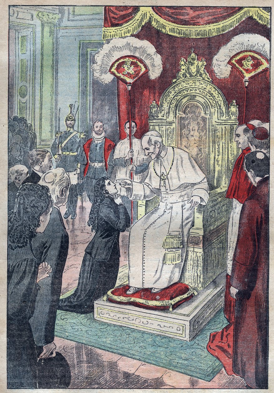 圣特蕾莎（Saint Therese of the Child Jesus，或称Lisieux 1873-1897）还是教皇莱昂十三世脚下的一个小女孩，她在1888年15岁时获得了进入迦密的资格--1923年丹布兰斯的插图。 作者 尤金·丹布拉斯
