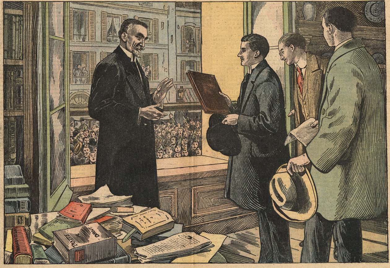 法学院的学生向亨利-贝尔特莱米院长（1857-1943）发表讲话。丹布兰斯的插图。在4月10日的 "Le Pelerin "中 作者 尤金·丹布拉斯
