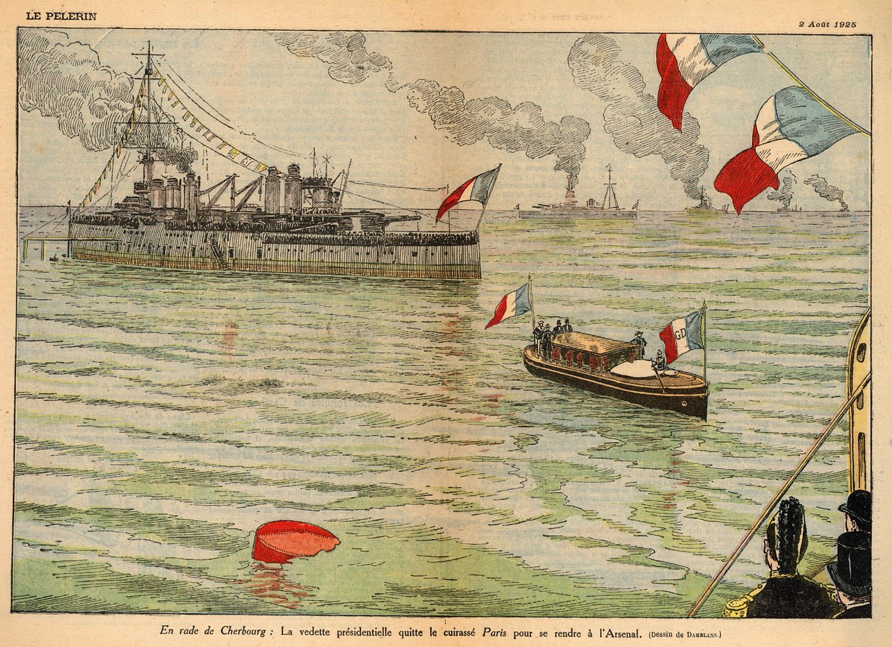 总统标准，瑟堡港，1925年8月2日 "Le Pelerin "杂志的双页版面（石版画）。 作者 尤金·丹布拉斯