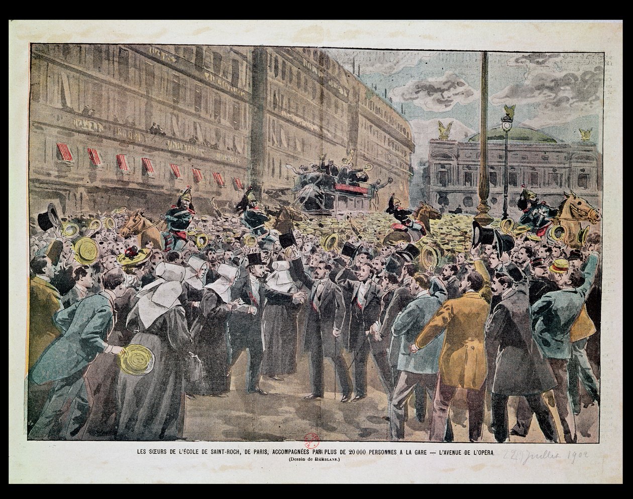 巴黎圣罗赫学校的修女们在 2 万人的陪同下前往车站，歌剧院大道，1902 年 7 月 22 日（彩色石版印刷）。 作者 尤金·丹布拉斯
