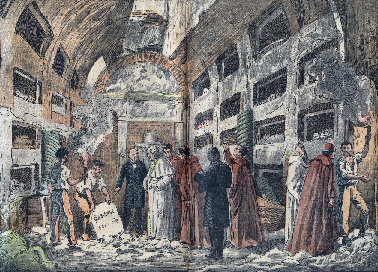 The archeologist Giovanni Battista de Rossi (1822-1894) makes Pope Pius IX visit the crypt of the Popes he has just discovered (1852) - Illustration of Damblans in “” le-Pelerin”” 1923 作者 尤金·丹布拉斯