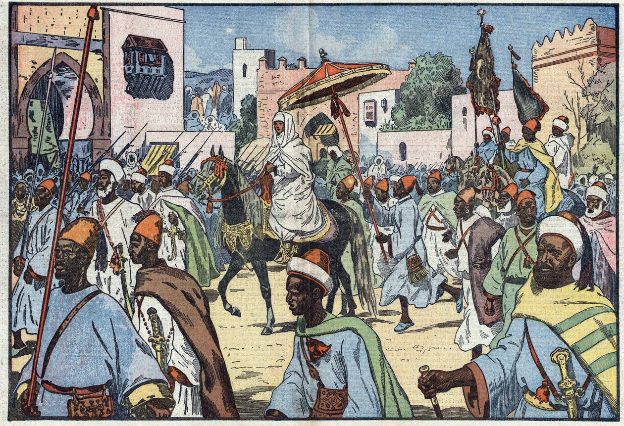 The new sultan of Morocco, Moulay Mohammed, makes his entry into the city of Rabat. Illustration of Damblans. In “” Le Pelerin”” of December 4 作者 尤金·丹布拉斯