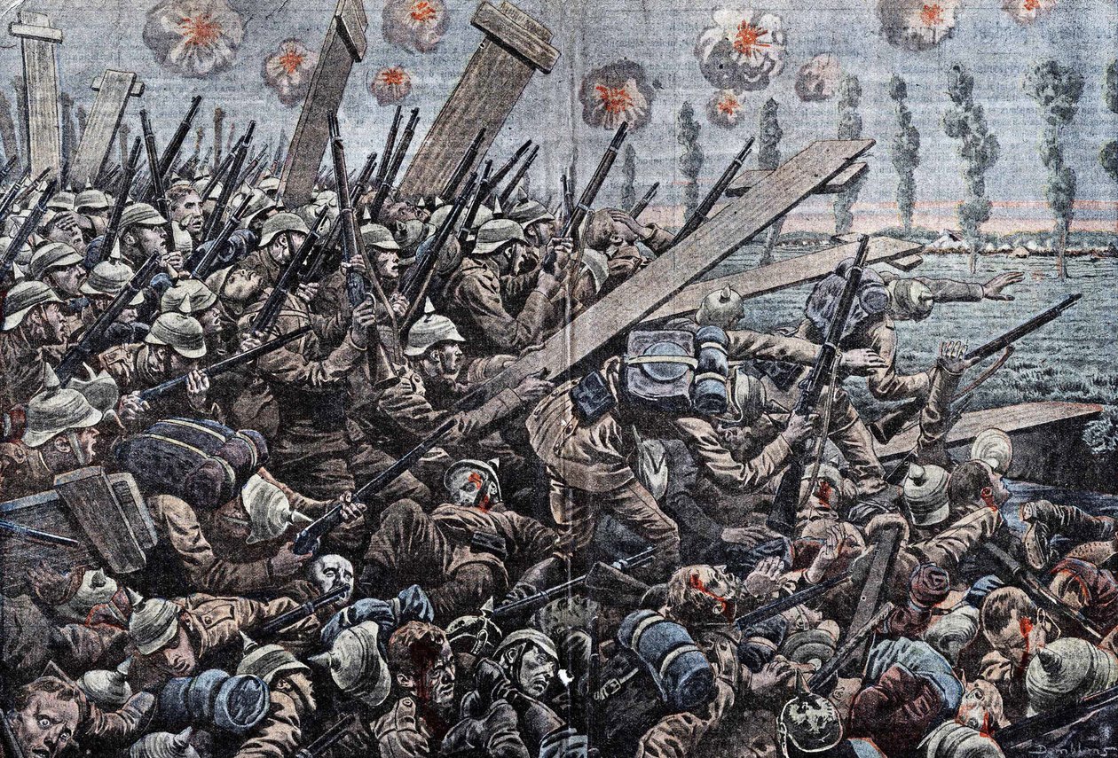 1914-1918年的战争。1914年的比利时前线。Yser河上的德国士兵。丹布兰斯的画作。 作者 尤金·丹布拉斯