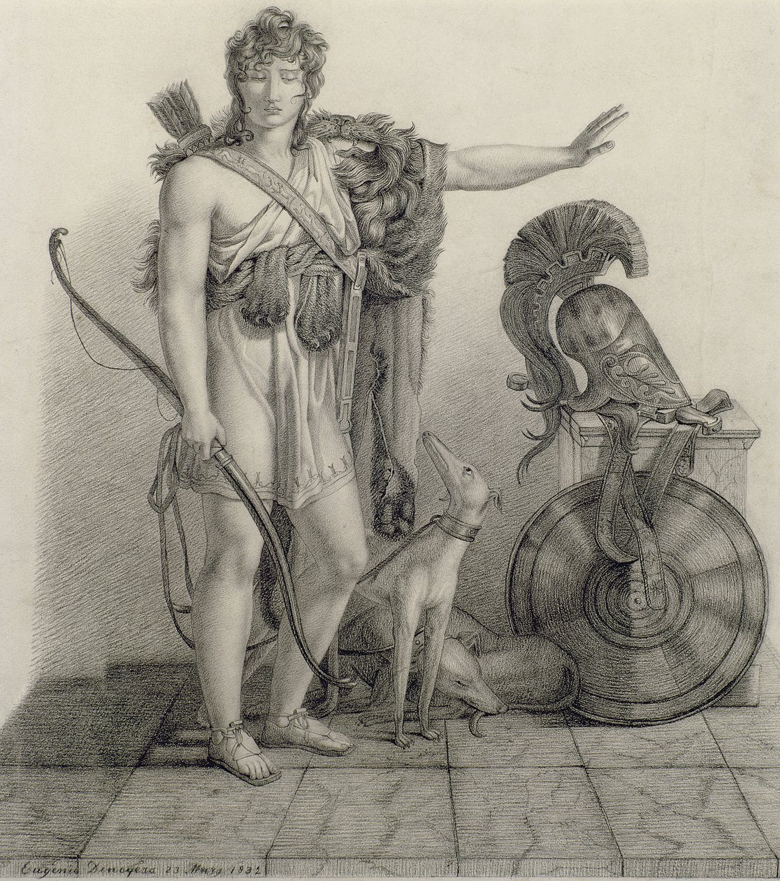 Hippolytus，1832年，在Baron Pierre Narcisse Guerin（1774-1833）的绘画之后（纸上的木炭） 作者 尤金·丹格尔斯（Eugene Denagers）