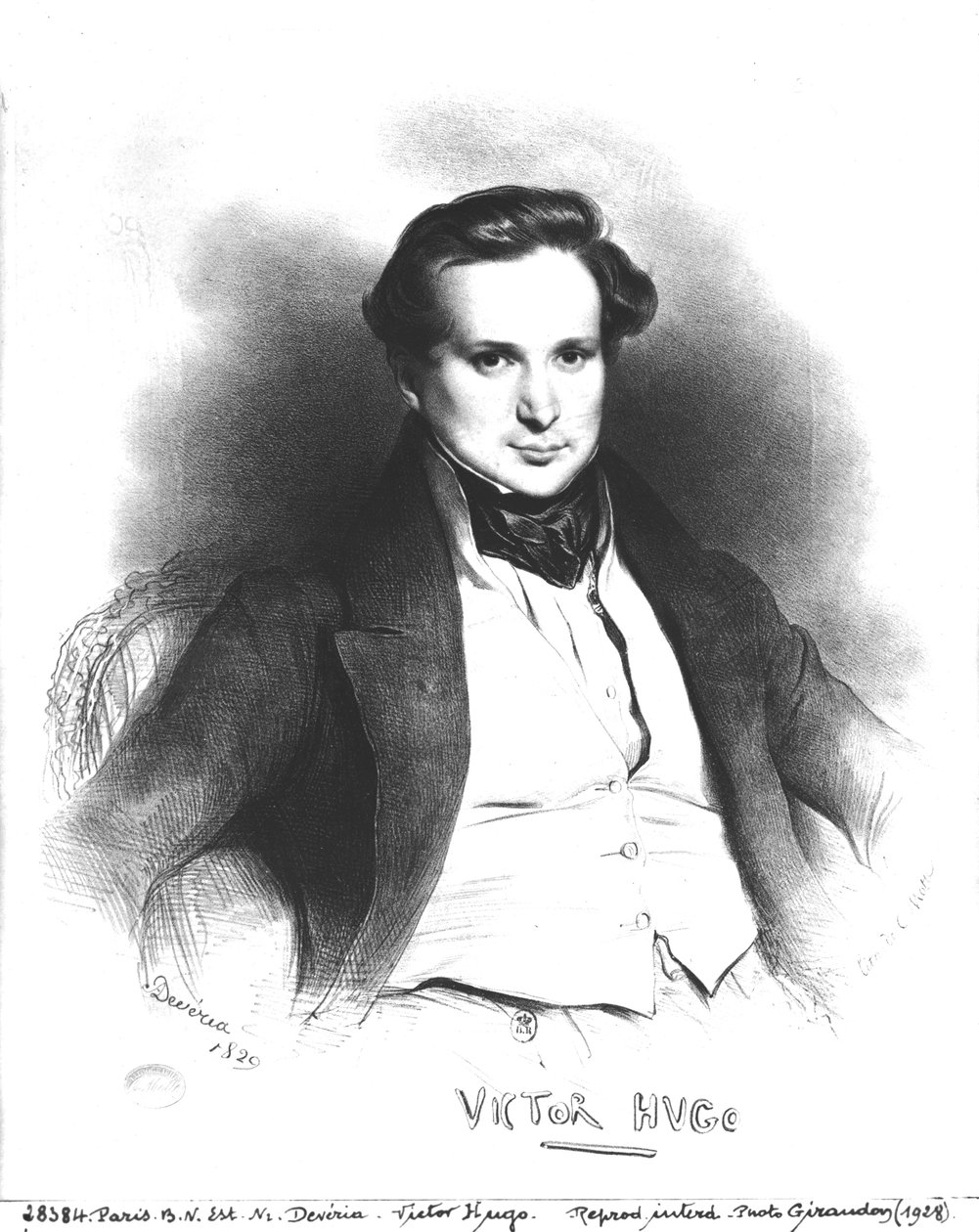 维克多·雨果（1802-66）的肖像，由Charles Etienne Pierre Motte（1785-1836）1829年拍摄（平版画）（bw照片） 作者 尤金·德瓦里亚（Eugene Deveria）