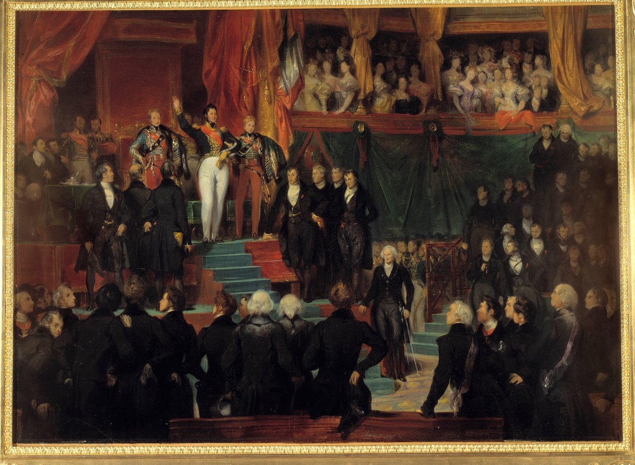 Revolution of 1830: “” King Louis Philippe I (1773-1850) swore to maintain the Charter of 1830 in the presence of the chambers reunited in the provisional hall of the Palais Bourbon on August 9 作者 尤金·德瓦里亚（Eugene Deveria）