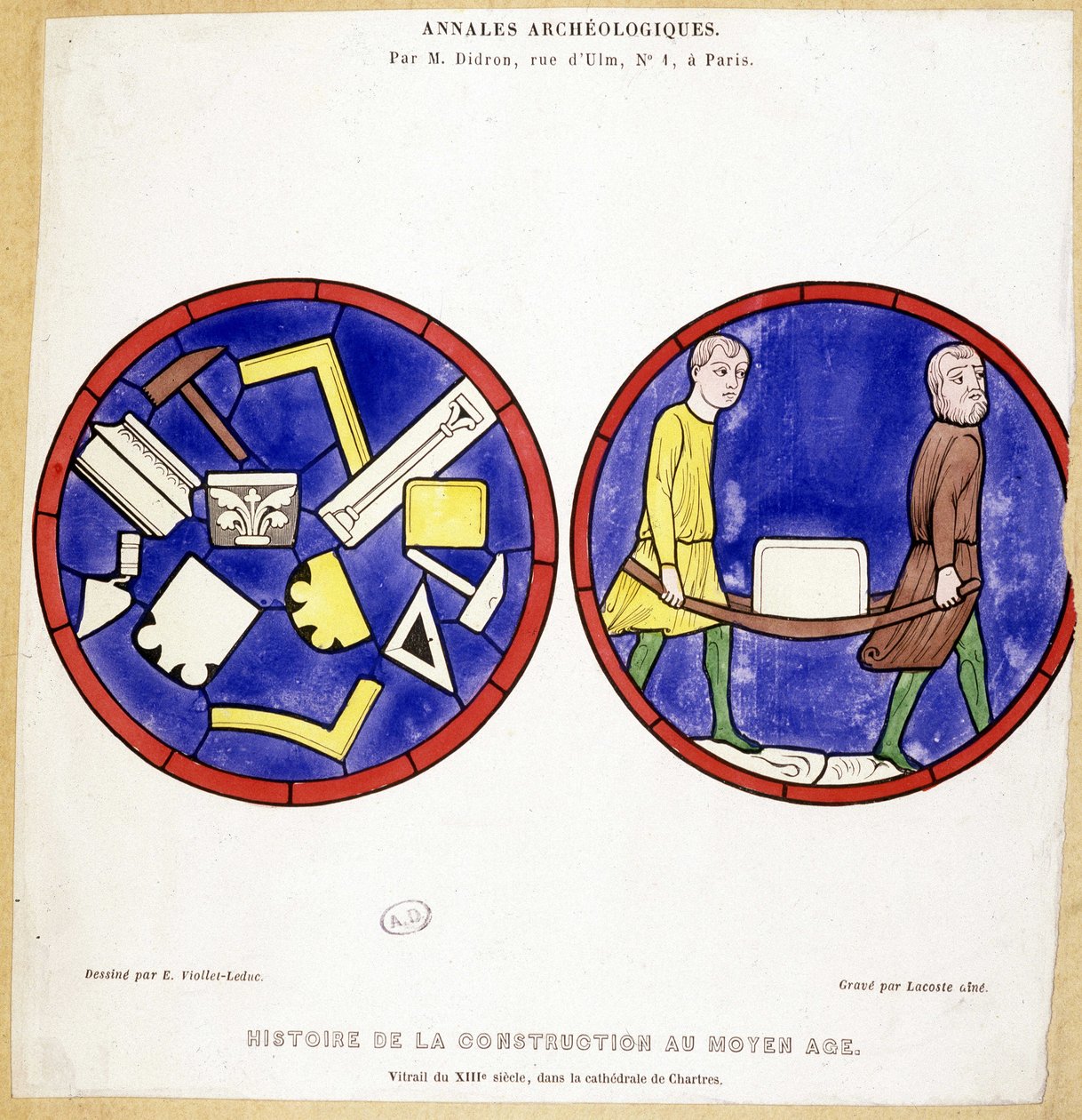 中世纪的建筑历史：沙特尔大教堂中 13 世纪彩色玻璃窗的 Fac simile - Eugene Viollet-le-Duc (Viollet le Duc) (1814-1879) 的画作，并带有几个 maconic 符号。 作者 尤金·伊曼纽尔（Eugene Emmanuel）（后）Viollet le Duc