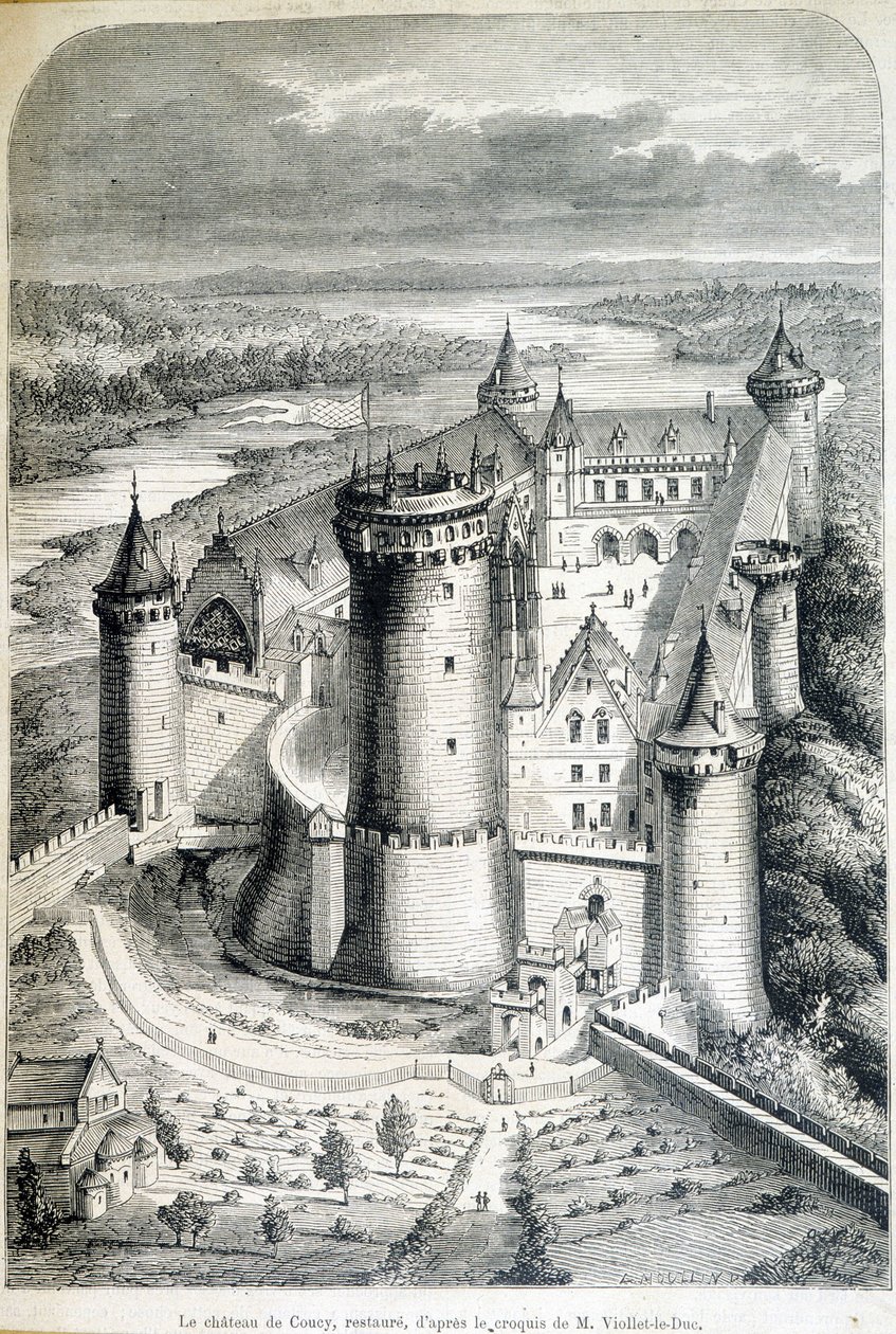 Le chateau de Coucy, restaure - 根据Eugene Viollet-le-Duc (Viollet le Duc) (1814-1879) 的草图雕刻 - 1858年5月8日的 "Le Monde illustrious"。 作者 尤金·伊曼纽尔（Eugene Emmanuel）（后）Viollet le Duc