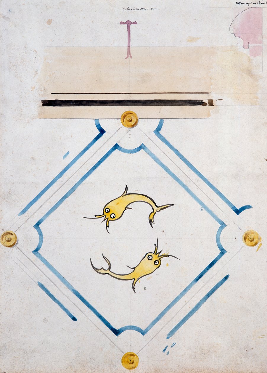 尤金-埃马纽埃尔-维奥莱特-勒杜克（1814-1879）的浴室瓷砖图案，水彩画，Chateau d