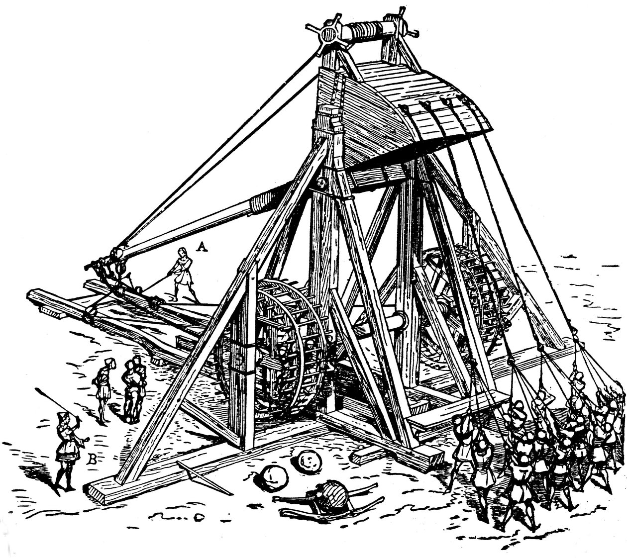 重建一个巨大的弹射器（配重投石机类型），称为 mangonneau 作者 Eugene Emmanuel Viollet le Duc