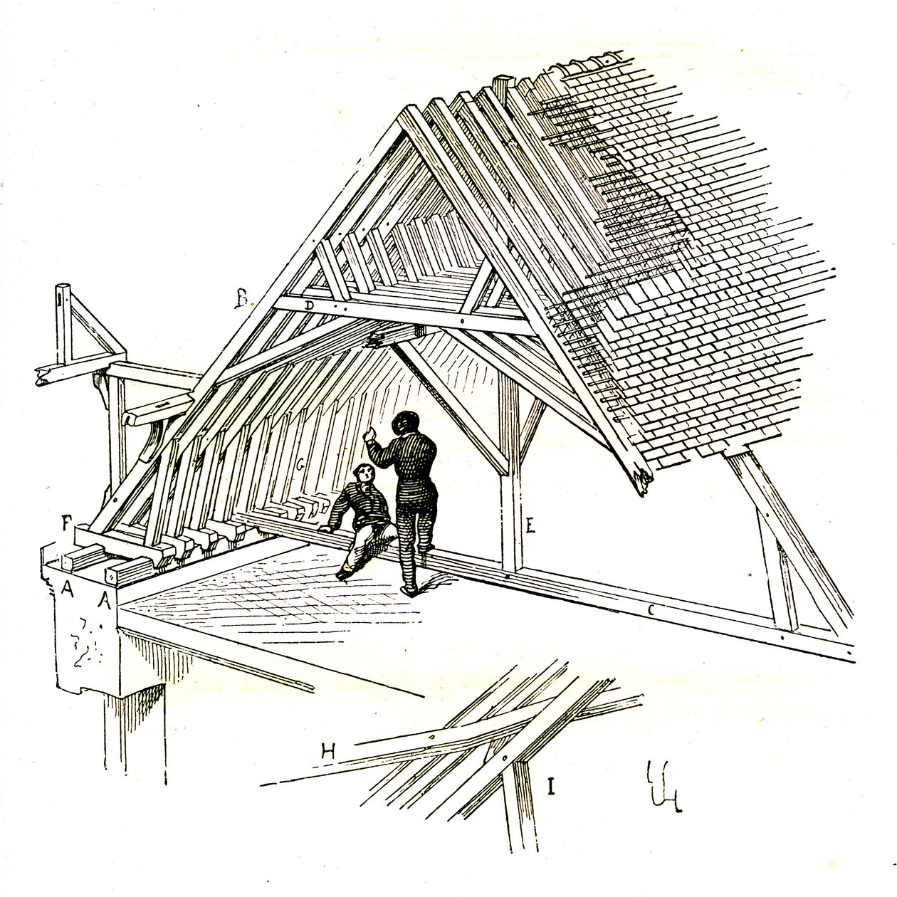 Viollet-Le-Duc 展示了两个正在研究一个框架的人物 作者 尤金·伊曼纽尔·维奥莱-勒-杜克