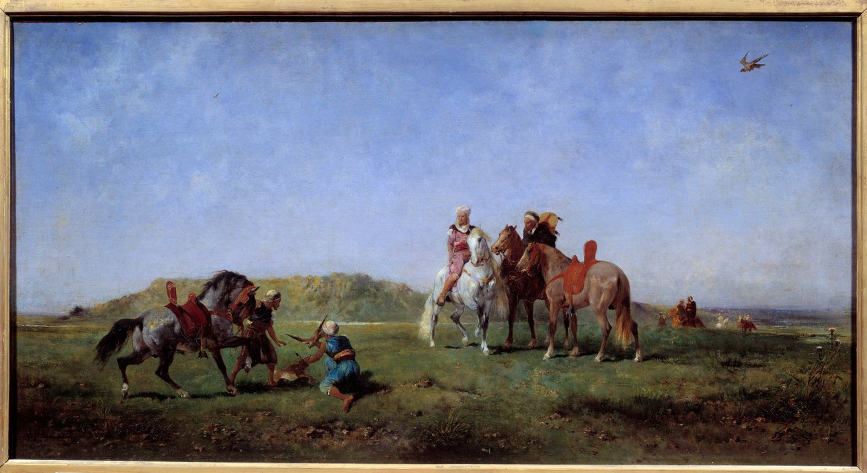 Eugene Fromentin (1820-1876) 19 世纪的阿尔及利亚绘画猎鹰。 0,45x0,85 米 作者 欧仁·弗罗门汀（EugèneFromentin）