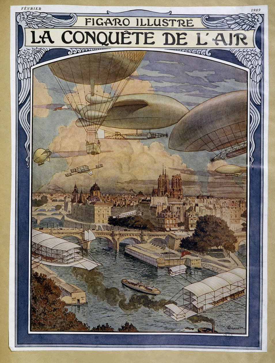 空中征服：飞艇、气球和热气球飞越巴黎——1909 年 2 月的“费加罗画报”封面 作者 尤金·格拉塞