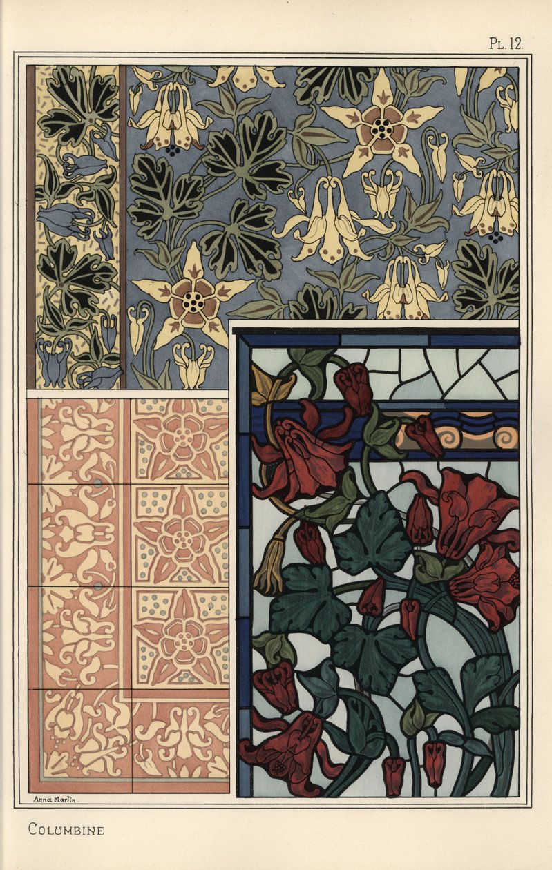 哥伦拜恩、普通 Aquilegia、墙纸、彩色玻璃和瓷砖图案中的花朵 作者 尤金·格拉塞