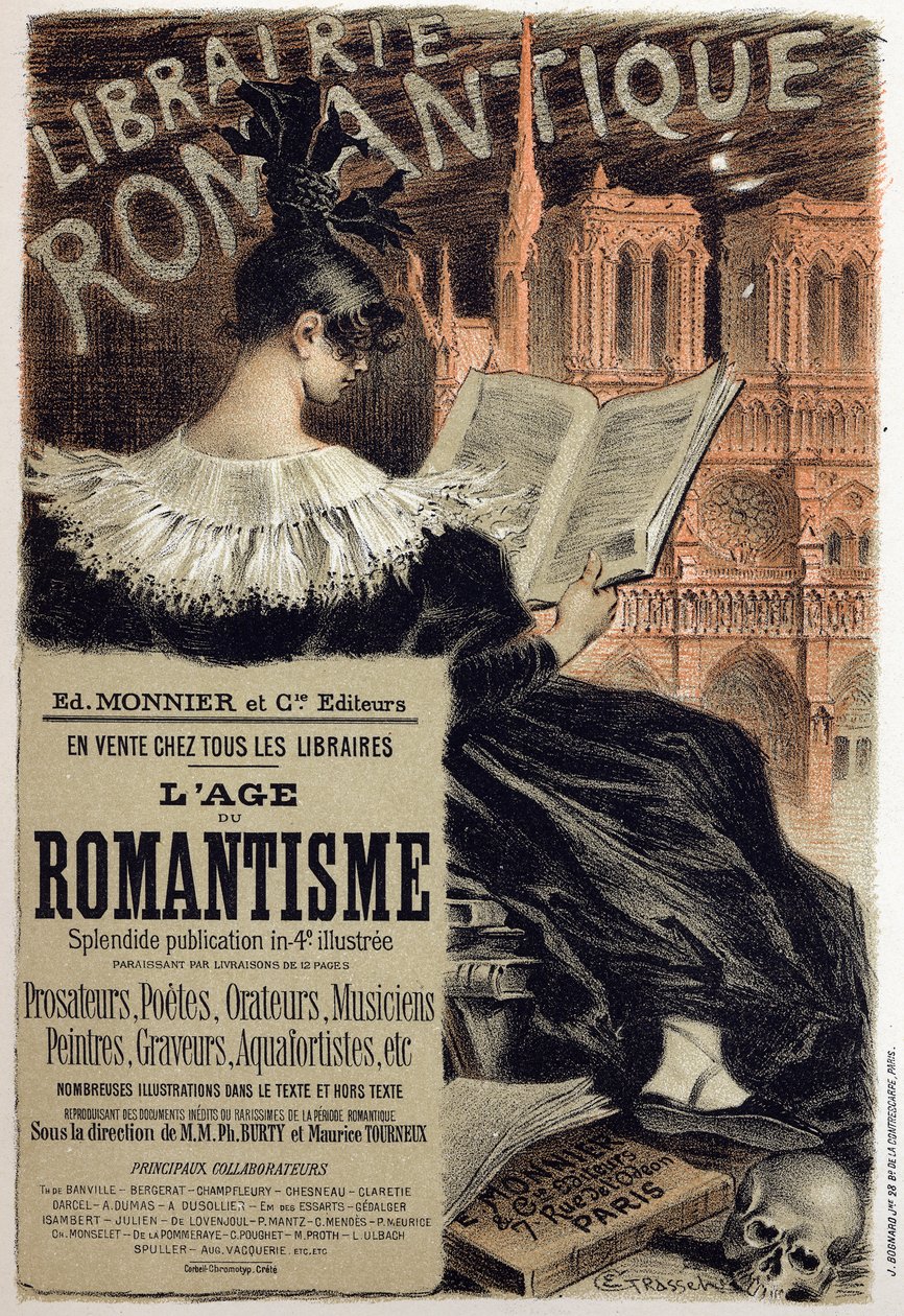 文学。 Librairie romantique（浪漫书店。）Eugene Grasset 为编辑 Monnier 制作的海报，法国，c.1890 Coll。 部分。 （海报） 作者 尤金·格拉塞