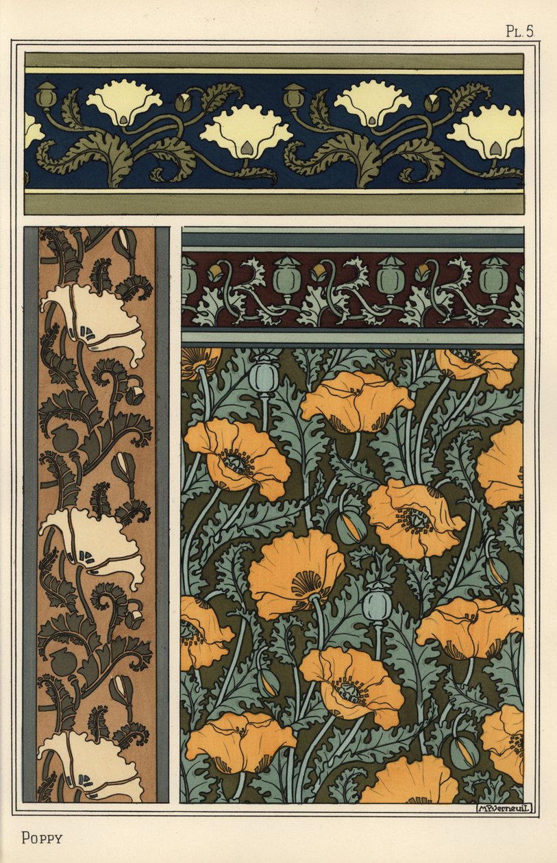 罂粟，Papaver somniferum，在墙纸和织物图案中。韦尔纳的石版画 作者 尤金·格拉塞