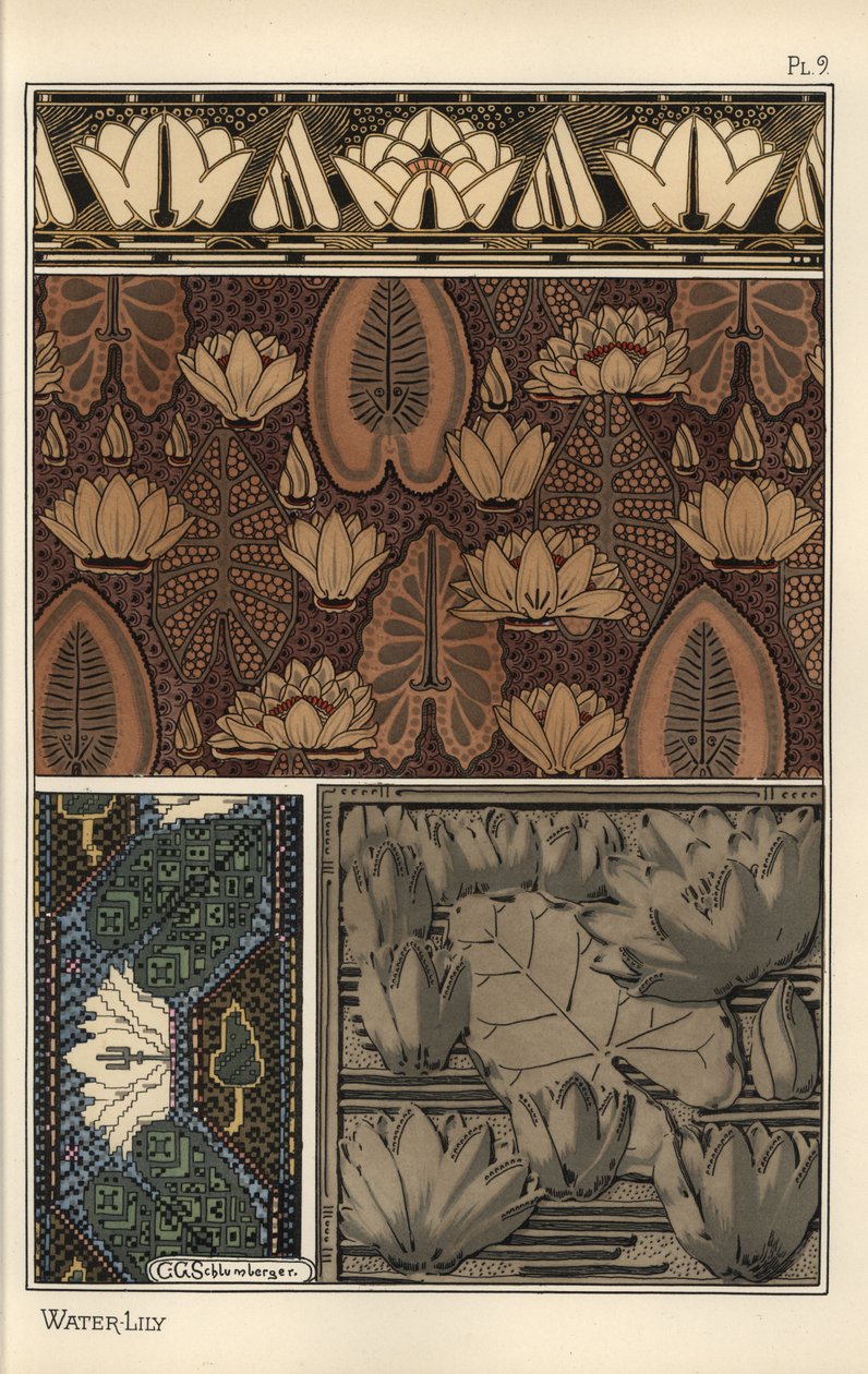 The water lily, Nelumbo lutea, in fabric, cross-stitch tapestry, and relief mold patterns. Lithograph by C. G. Schlumberger 作者 尤金·格拉塞