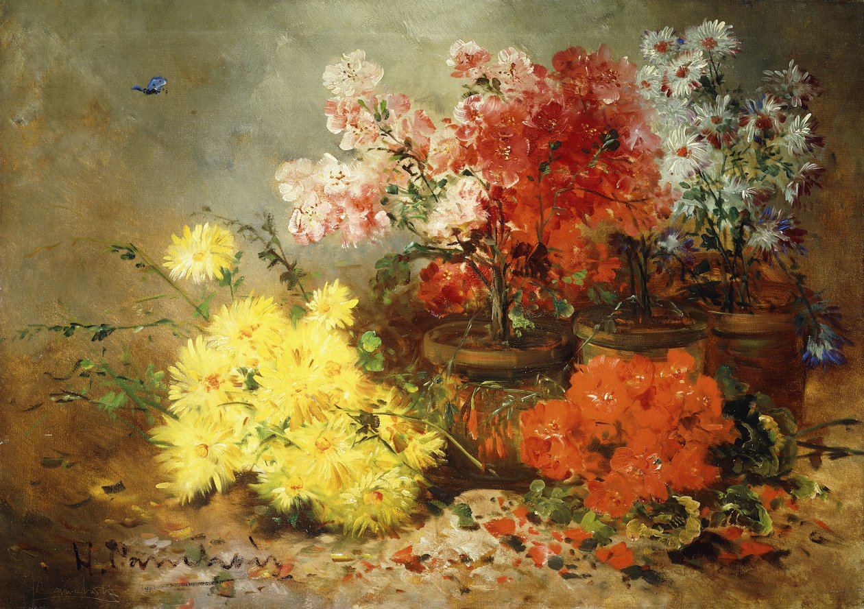 雏菊，海棠和其他盆栽花卉， 作者 尤金·亨利·科乔瓦