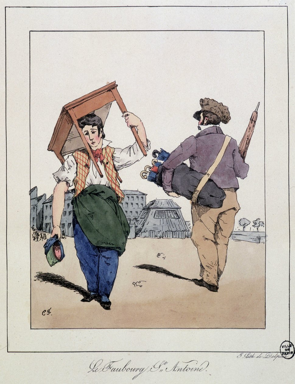 Le faubourg St Antoine：家具修理工和步行伞商人--载于Eugène Forest的 "Souvenirs d