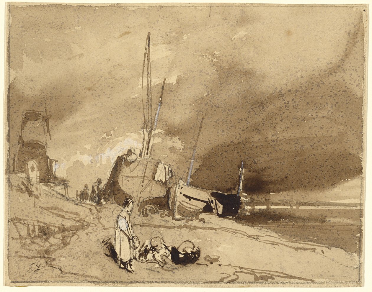 Bord de Plage（海滩上的渔船，远处的风云） 作者 尤金·伊萨贝（Eugene Isabey）