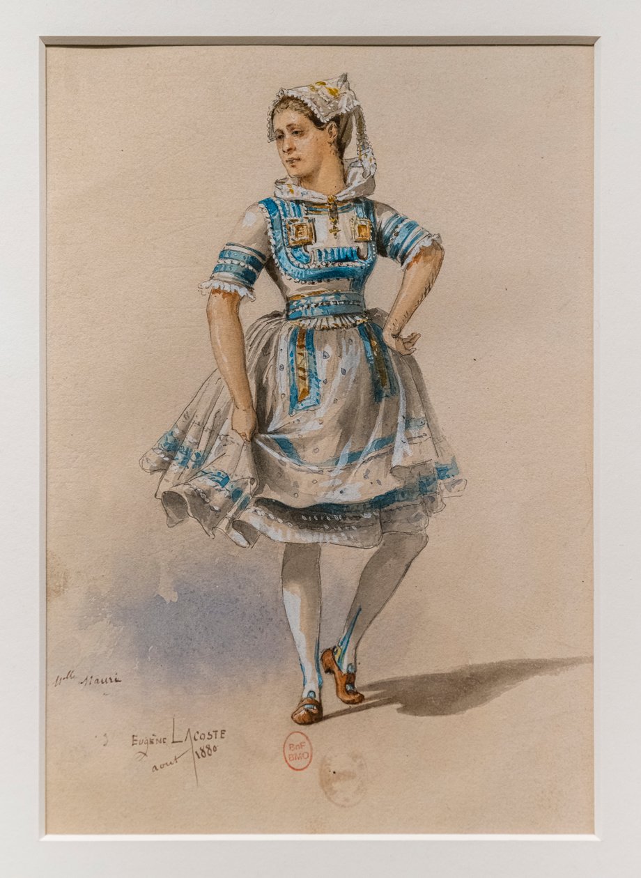 科里根》。查尔斯-马里-维多尔的芭蕾舞，服装模型。1880年，纸上钢笔、水彩和水粉画。 作者 尤金·拉科斯特（Eugene Lacoste）