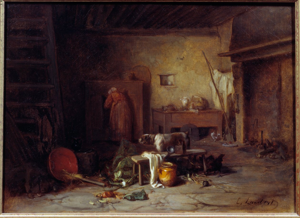 Kitchen interior at Nohant Cuisine de la maison de George Sand (Aurore Dupin, Baronne Dudevant) (1804-1876) (?). painting by Eugene Lambert (1825-1900) 19th century Paris, Museum of Romantic Life 作者 尤金·兰伯特
