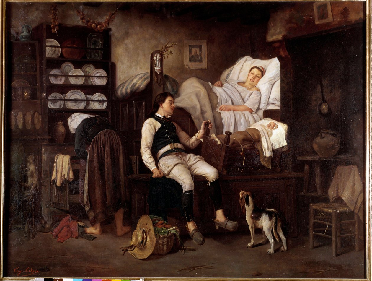 室内的Bas-Breton或Le Nouveau Ne Breton 家庭在室内。尤金-勒鲁（1807-1863）的画作 19世纪 雷恩，艺术博物馆 作者 尤金·勒鲁（Eugene Leroux）