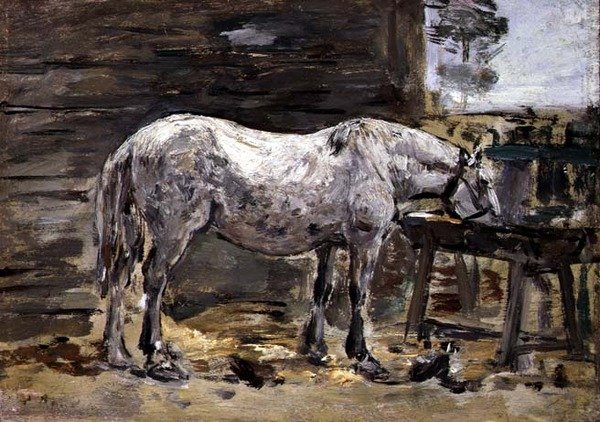 饮酒的马，约1885-90（油画板）。 作者 尤金·路易斯·布丁
