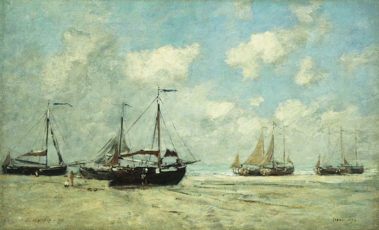席凡宁根在岸上的船； Scheveningue，《格雷夫河上的船只失败》，1875年 作者 尤金·路易斯·布丁