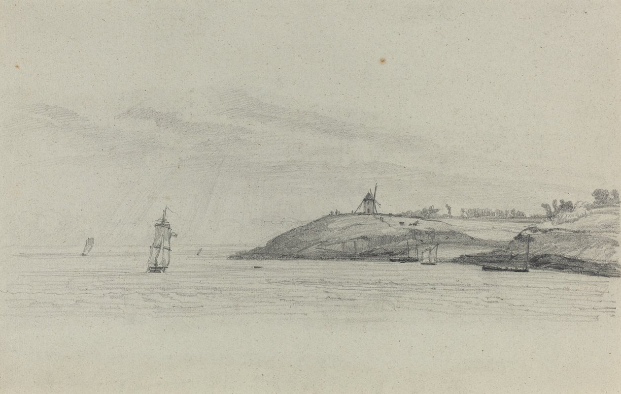 有航运的海岸风景，远处的风车，约1858年。 作者 尤金·路易斯·布丁
