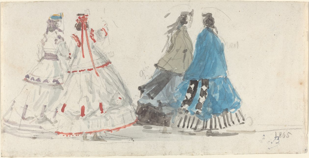 四位身穿木屐的女士在特鲁维尔散步，1865年。 作者 尤金·路易斯·布丁