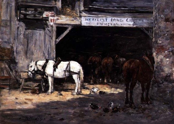 院子里的出租马，约1885-90（油画板）。 作者 尤金·路易斯·布丁