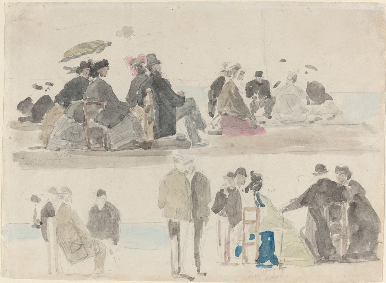海滩上的女士们和先生们，在两个登记簿中，约1865年。 作者 尤金·路易斯·布丁