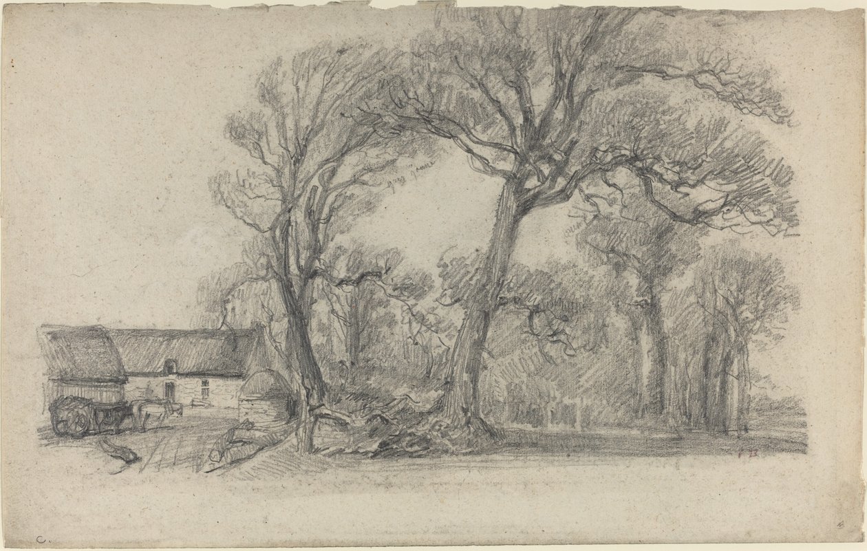 有树木、小屋和农用车的风景，约1858年。 作者 尤金·路易斯·布丁
