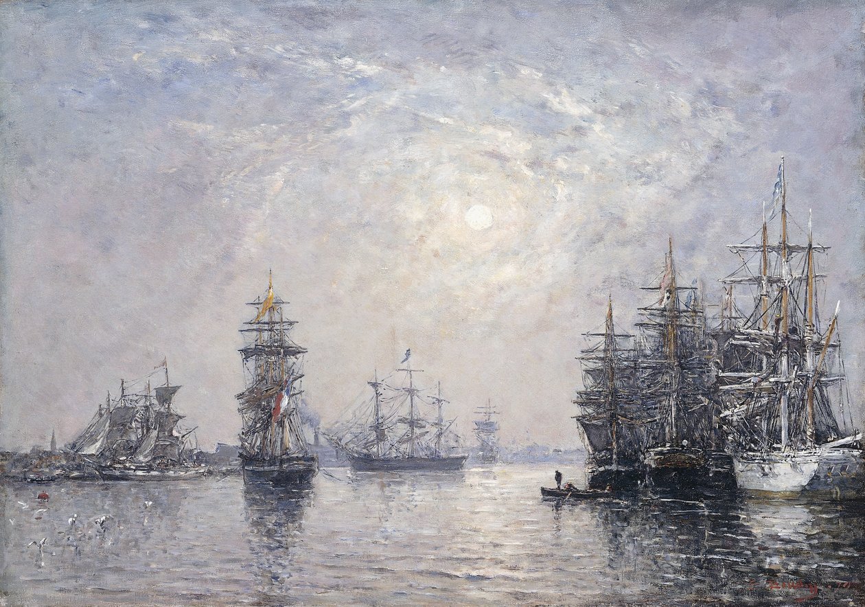 勒阿弗尔，厄尔盆地，帆船在锚点，日落；勒阿弗尔（Bassin de l Eure）的“勒阿弗尔（EHär）”帆船，索雷尔（Seilil）Couchant船锚，1870年 作者 尤金·路易斯·布丁