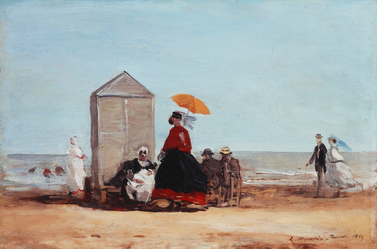 在特鲁维尔的海滩上；在特鲁维尔海滩（Trouville Beach），1865年 作者 尤金·路易斯·布丁