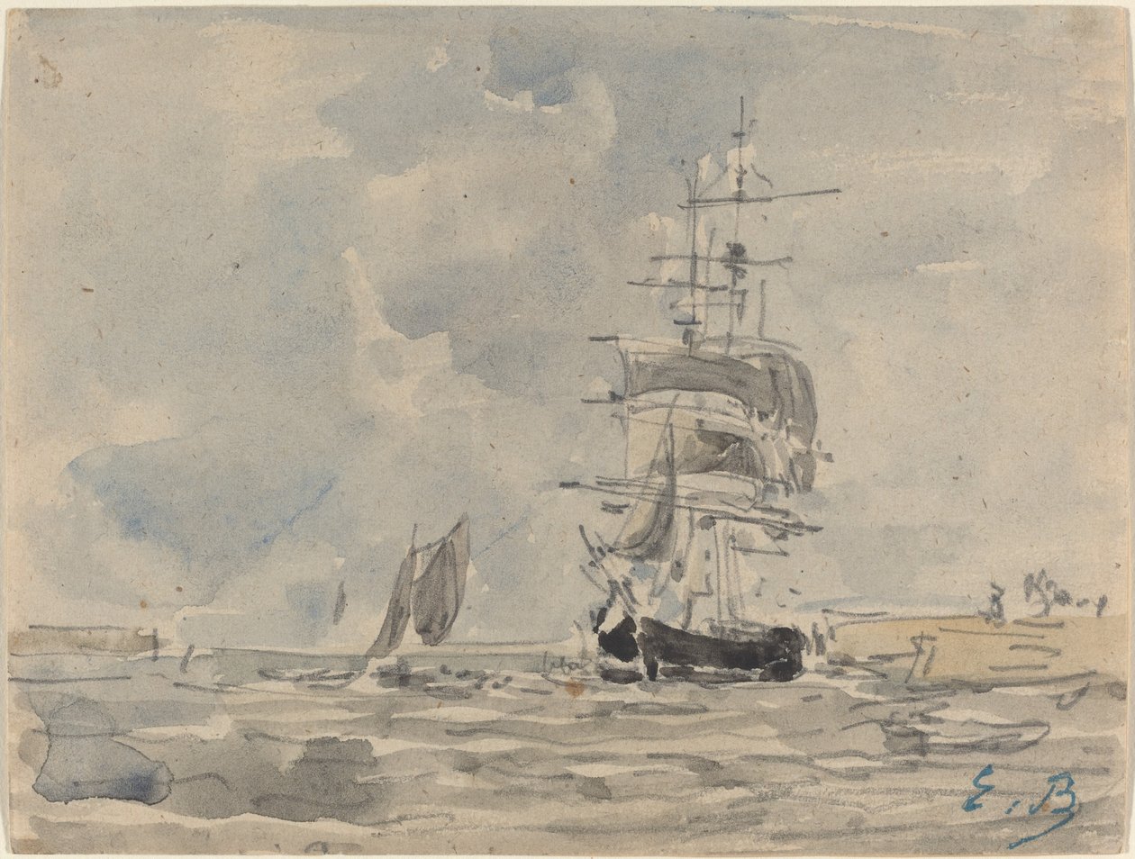 有帆船的海景画，约1875年。 作者 尤金·路易斯·布丁