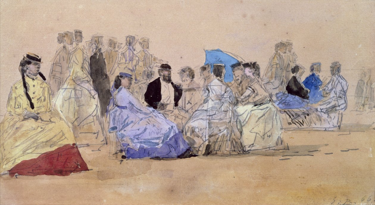 特鲁维尔的海滩，1866年（铅笔和纸上的卫生间） 作者 尤金·路易斯·布丁