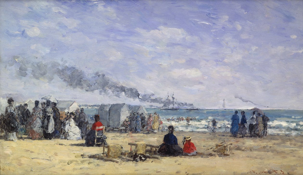 沐浴时间在特鲁维尔的海滩；特鲁维尔海滩（Trouville Beach）位于“ Heure du Bain，1868年 作者 尤金·路易斯·布丁