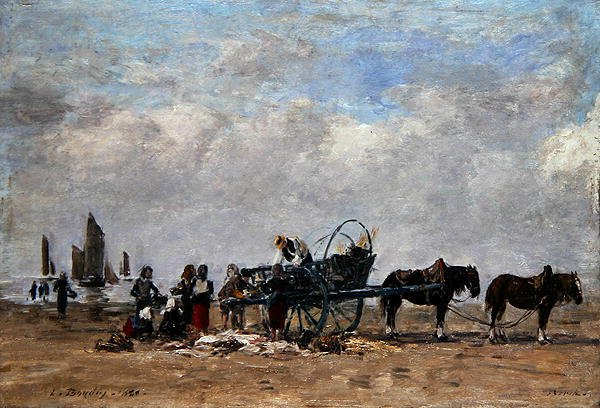 鱼车，贝尔克，约1880年（布面油画，铺在面板上）。 作者 尤金·路易斯·布丁