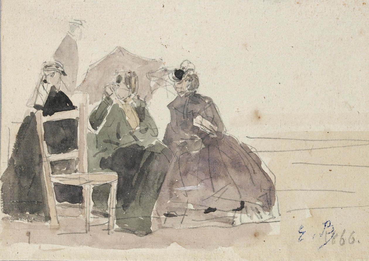 海滩上坐在椅子上的三个女人，19世纪末 作者 尤金·路易斯·布丁